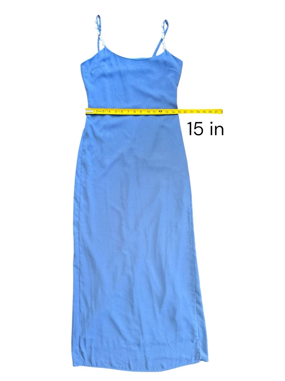 La Porte Womens Maxi Slip Dress Blue Pearl Beaded Straps Side Slit Size S NWT - Picture 8 of 12
